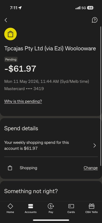 CBA banking app screen: pending $61.97 from Tpcajas Pty Ltd (via Ezi) Woolooware on Mastercard 3419.
