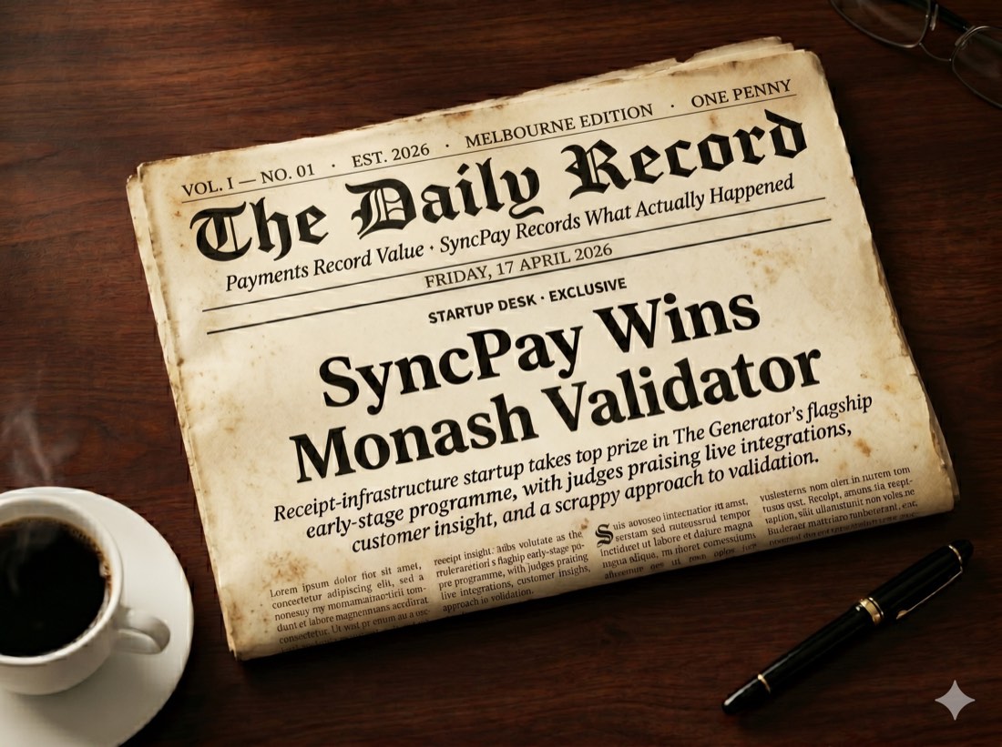 Mock newspaper front page declaring SyncPay won the Monash Validator.